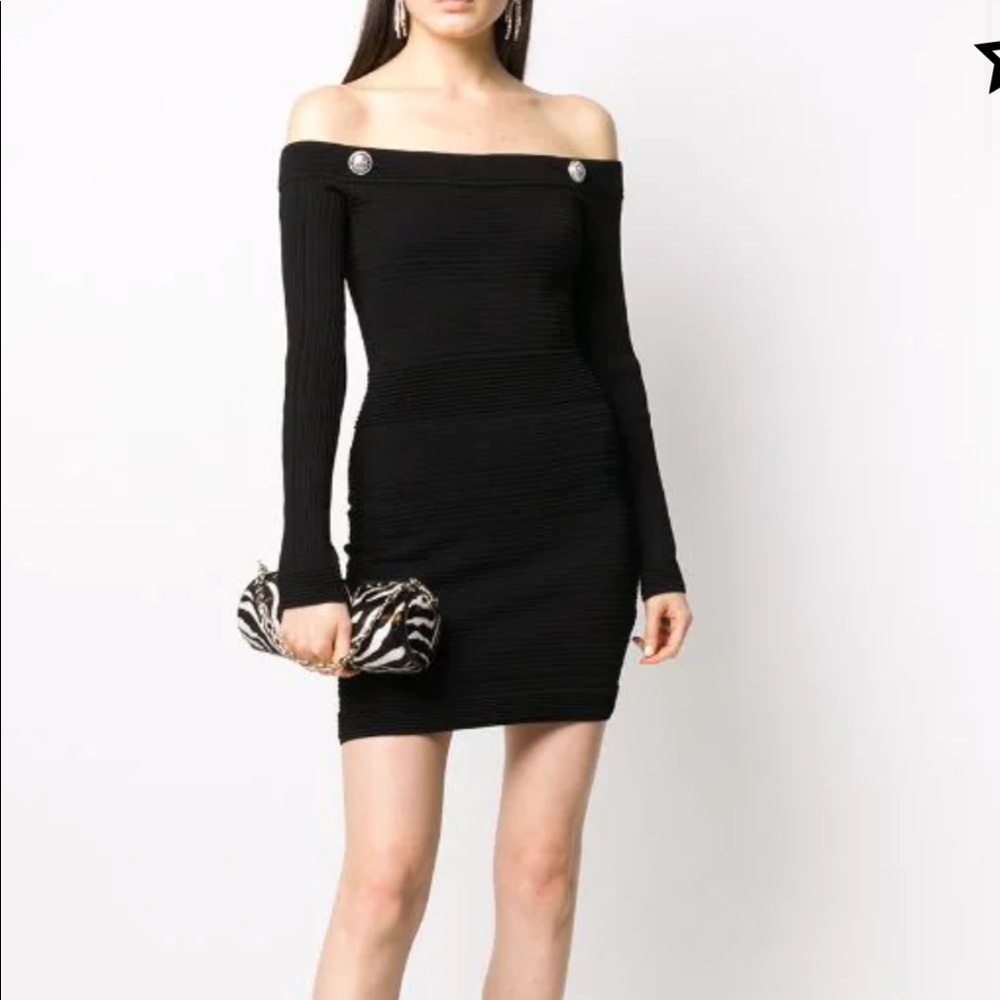 Balmain off the shoulder black dress